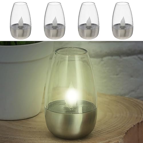Cepewa LED Solar Tischleuchte 4er Set | 6x8x6cm silber Edelstahl Kunststoff Akku | Solarlampe warmweiß Flackereffekt Kerzenform (LED Solar Tischleuchte silber) von Cepewa
