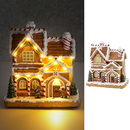 Cepewa LED Winter Haus Lebkuchen | 21,5x22,5x12,5cm Polyresin 15 warmweiße LEDs | batteriebetrieben An-/Ausschalter | Weihnachtsdekoration (1 x LED Winterhaus Lebkuchen) von Cepewa