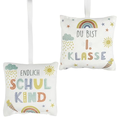 Cepewa Minikissen 2er Set Schulanfang | 12x12cm weiß bunt Polyester | 40g Füllung 2 Motive Kissen Reißverschluss (2er Set Minikissen) von Cepewa