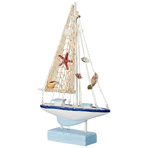 Cepewa Segelboot LED auf Sockel zum Aufstellen │ blau weiß Natur H41cm 30LEDs warmweiß Maritime Dekoration │ Segelschiff Holzboot (1 x LED Segelboot H41cm) von Cepewa