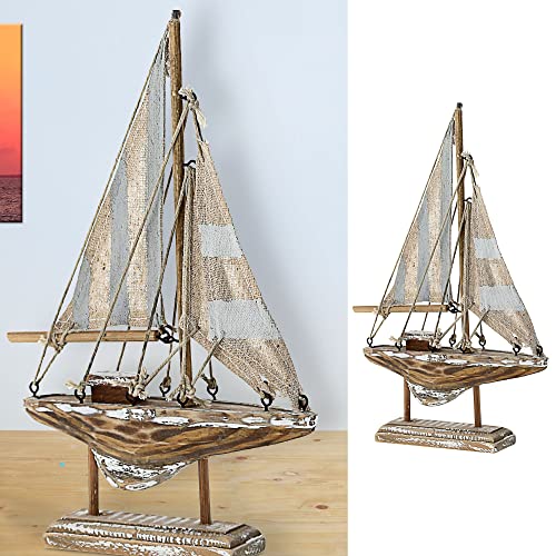 Cepewa Segelboot auf Sockel zum Aufstellen │ blau Natur grau H22cm Maritime Dekoration │ Segelschiff Holzboot (1 x Segelboot H22cm) von Cepewa