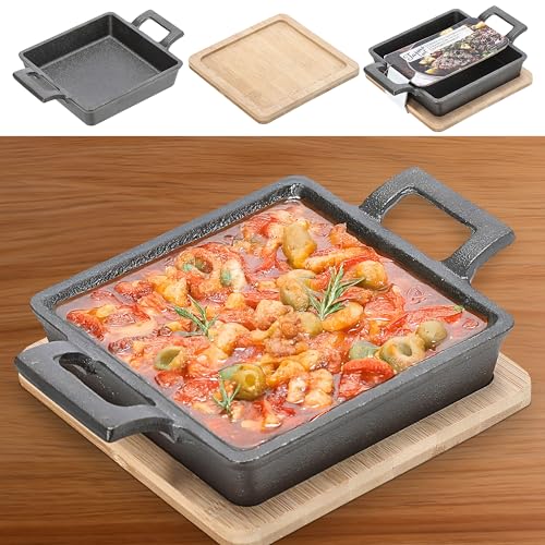 Cepewa Servierpfanne 2er Set rechteckig | 19x4,5x14cm Eisen Bambus | Servierpfännchen mit zwei Seitengriffen auf Bambusbrett (1 x 2er Set Servierpfanne rechteckig 19x4,5x14cm) von Cepewa