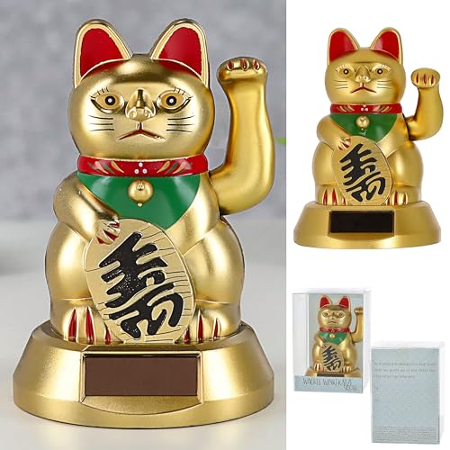 Cepewa Solar Winkekatze | Gold H8cm | Glücksbringer asiatisch | Dekokatze mit die winkenden Arm von Cepewa