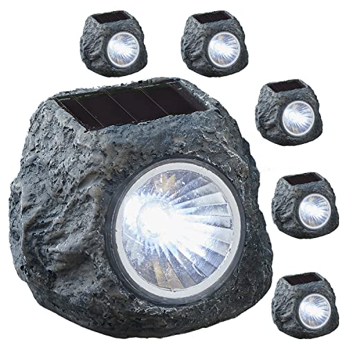 Cepewa Solarlampe 6er Set Steinoptik | schwarz 6,5x6x5cm Polyresin | Akkubetrieben Solarpaneel | Gartenleuchte Wegleuchte (1 x 6er Set Solarlampe Stein) von Cepewa