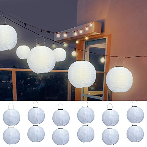 Cepewa Solarlampion LED 12er Set │ Ø 30cm weiß Organza Kunststoff Draht │ Laterne mit Solarpanel Gartendekoration (1 x 12er Set LED Lampion weiß) von Cepewa