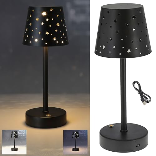 Cepewa Tischleuchte Sterne gestanzt Touchfunktion | stufenlos dimmbar 3 Weißtöne 10x28cm schwarz | 8 LEDs USB-C zu USB Ladekabel (1x Tischleuchte Sterne) von Cepewa