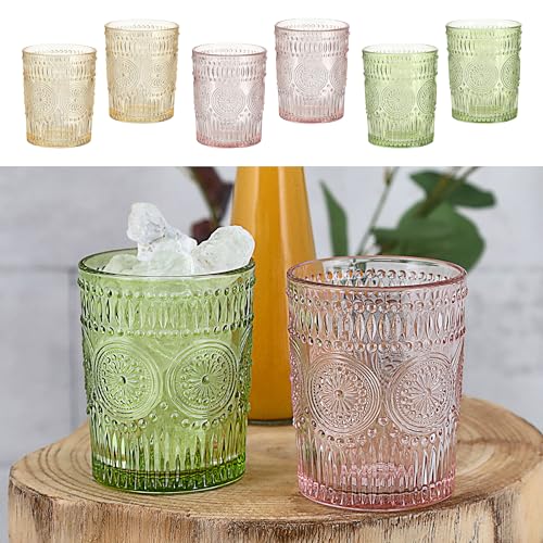 Cepewa Trinkglas 6er Set 'Mandala' | Ø8x10cm 300ml Glas rosa grün orange | Getränkegläser mit Bodensticker Ornamente von Cepewa