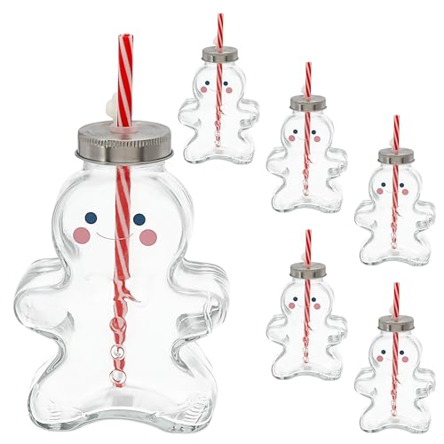 Trinkglas Lebkuchenmann 6er Set | Füllmenge 440ml cm Glas Metall Kunststoff | Glas mit Deckel und Trinkhalm (1x 6er Set Lebkuchenmann) von Cepewa