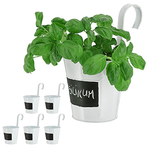 Cepewa Übertopf 6er Set | weiß Ø15cm H5cm | Kräutertopf zum Aufhängen und Beschriften | Blumentopf Blechtopf Topf Hängetopf (1x 6er Set Pflanztopf mit Tafel) von Cepewa