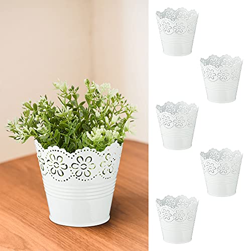 Cepewa Übertopf Daisy 6er Set 11,5 cm │ Topf weiß Blumendekor aus Metall │ Blumentopf Kräuter, Pflanzen, Blumen (1 x 6er Set Übertopf 11,5cm) von Cepewa
