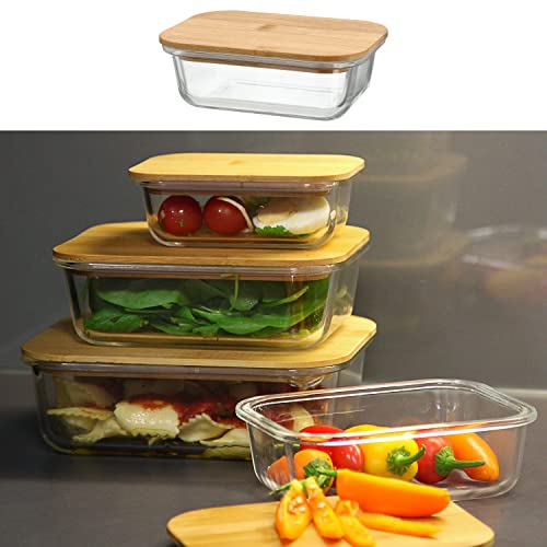 Cepewa Vorratsbehälter 600ml mit Bambusdeckel | stapelbar 17,5x6x12,5cm Borosilikatglas Bambus | Frischhaltebox Vorratsdose Vesperdose Lebensmittelbehälter (1 x Vorratsbehälter 600ml) von Cepewa