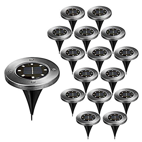 Cepewa Wegleuchte Solar 16er Set mit Erdspieß Gartenleuchte aus Edelstahl mit 8 LEDs Ø 12 cm (1 x 16er Set Wegeleuchte 8 LEDs) von Cepewa