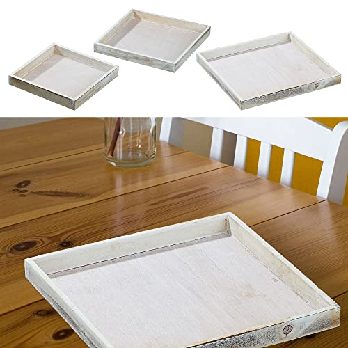 Deko Untersetzer 3er Set │ Holz 3 Größen quadratisch Creme │ ShabbyChic antik Holzplatte Tablett (1 x 3er Set Untersetzer quadratisch) von Cepewa