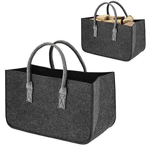 Kaminholztasche aus Filz │Stabiler Korb für Brennholz │hellgrau 48 x 28 x 25 cm (1 x Kaminholztasche dunkelgrau) von Cepewa