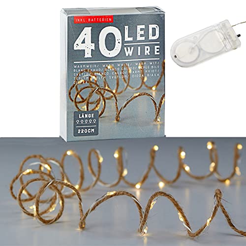 LED Lichterkette Mikro Draht auf Juteschnur | warmweiß L 240 cm mit 40 LEDs | Weihnachtsbeleuchtung Leuchtdraht | Dekolichterkette mit Batteriebetrieb (1 x 40 LED Lichterkette Juteschnur) von Cepewa