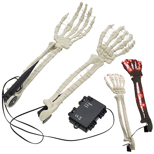 LED Skelett Hände Erdspieß Outdoor | 8x36cm Plastik 50 LEDs rot Leuchtend Timerfunktion | Knochenhand Horrordekoration von Cepewa