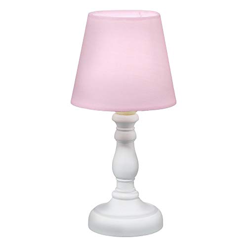 Cepewa LED Tischleuchte mit weißem Lampenfuß und rosa Stoff-Lampenschirm im Nostalgiedesign H 25 cm mit Batteriebetrieb (1 x Tischleuchte rosa) von Cepewa