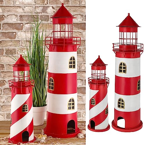 Leuchtturm 2er Set │ rot weiß S:15,4x46cm L:21,5x73cm Metall Glas │ Windlicht Kerze Leuchtfeuer (1 x 2er Set Windlicht Leuchturm rot) von Cepewa