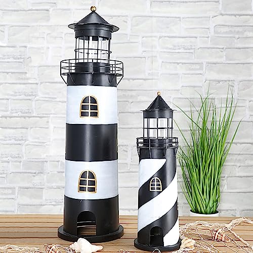 Leuchtturm 2er Set │ schwarz weiß S:15,4x46cm L:21,5x73cm Metall Glas │ Windlicht Kerze Leuchtfeuer (1 x 2er Set Windlicht Leuchturm schwarz) von Cepewa