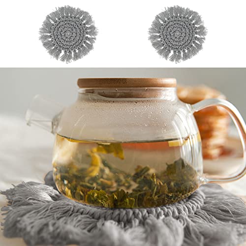 Makramee Untersetzer 2er Set Boho-Design | Ø10cm grau rund Baumwolle | Dekoset mit Fransen für Pflanzen Gläser (1 x 2er Set Untersetzer grau) von Cepewa