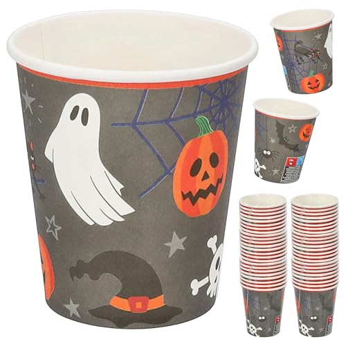 Pappbecher Halloween 48er Set | Ø 23cm Papier 250gsm orange grau schwarz weiß | Kürbis Gespenst Katze Fledermaus Spinne (1 x 48er Set Pappbecher Halloween) von Cepewa