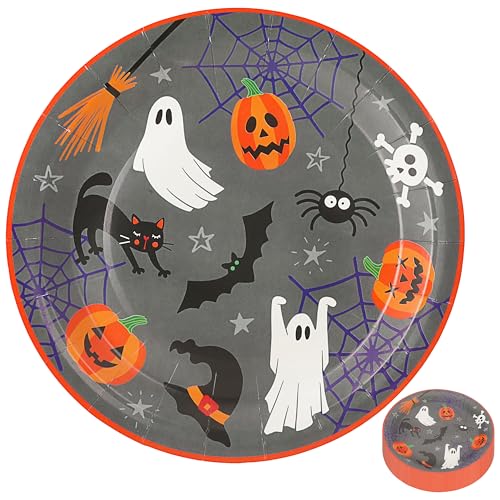 Pappteller Halloween 48er Set | Ø 23cm Papier 250gsm orange grau schwarz weiß | Kürbis Gespenst Katze Fledermaus Spinne (1 x 48er Set Pappteller Halloween) von Cepewa