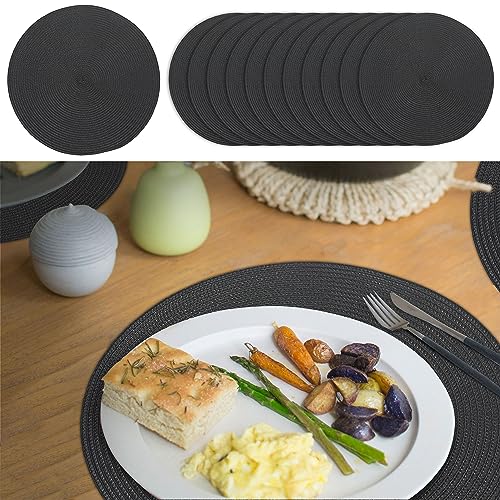 Platzmatte 12er Set | 100% Polypropylen rund schwarz Ø 38 cm | Tischset in Spiraloptik abwaschbar (1 x 12er Set Tischset rund schwarz) von Cepewa