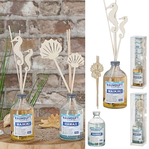 Raumduft 'Waikiki+Hawaii' 2er Set | 100ml 4 Rattanstäbe 2 Dekostäbe 5x21cm Glas | Duftaroma Diffuser (1 x 2er Set Raumduft Waikiki+Hawaii) von Cepewa