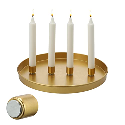 Runder Dekoteller Ø 30 cm mit 4 magnetischen Stabkerzenhaltern | Kerzenständer DIY zur Deko in schwarz oder Gold | Dekotablett mit Rand (1x Set in Gold) von Cepewa