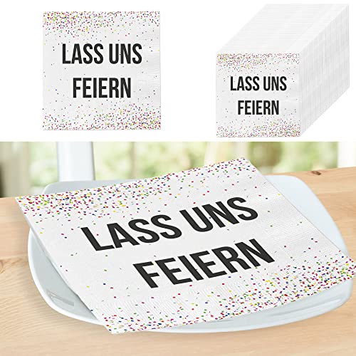 Servietten 40er Pack "Lass uns feiern" │Motivserviette Spruch weiß schwarz 33x33cm │ Papierserviette stoffähnlich Tuch Partyzubehör (1 x 40er Pack Serviette "Lass uns feiern") von Cepewa