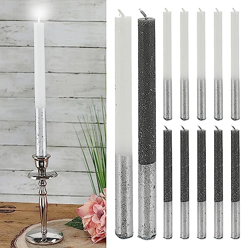 Stabkerze Metallic 12er Set | rund 2x19cm anthrazit weiß silber Paraffin | Wachskerze Echtwachs (1 x 12er Set Stabkerze Glitzer) von Cepewa