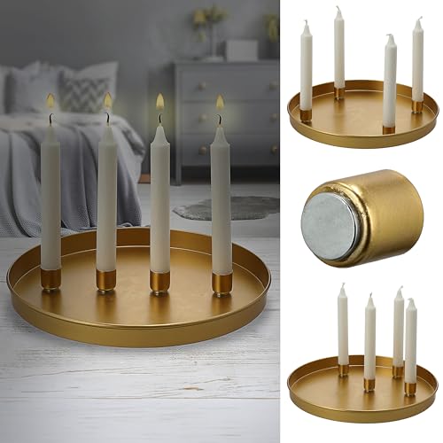 Stabkerzenhalter 'GoldMagnet' magnetisch | Metall Gold rund Ø25x3cm | 4 Kerzenhalter Kerzentablett Tablett Stabkerzen (1 x Stabkerzenhalter Ø25cm Gold) von Cepewa