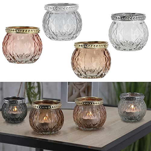 Teelichtglas 4er Set orientalisch | Glas Ø6,5cm H5,7cm weiß grau pink braun | Windlicht für Teelichter von Cepewa