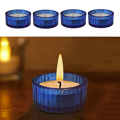 Teelichthalter 4er Set Rillendesign │ Glas blau Ø5x3cm │ Glasgefäß für Teelicht Kerze│ Tischdekoration Adventsdeko (1 x 4er Set Teelichthalter blau) von Cepewa