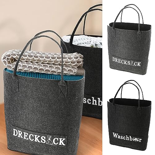 Wäschetasche 2er Set mit Aufdruck | grau anthrazit 100% Polyester Filz 40x45x25cm | Wäschekorb für Schmutzwäsche von Cepewa