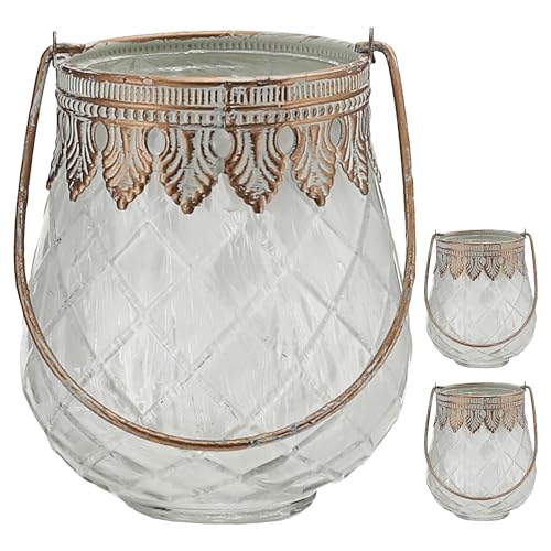 Windlicht 3er Set bauchig | orientalische Ornamente gefrostet | Glas Eisen Ø9xH12cm | Gefäß mit Henkel für Teelichter oder Kerzen (1 x 3er Set Windlicht bauchig) von Cepewa