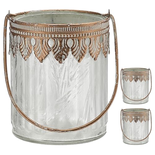 Windlicht 3er Set gerade | orientalische Ornamente gefrostet | Glas Eisen Ø9xH11cm | Gefäß mit Henkel für Teelichter oder Kerzen (1 x 3er Set Windlicht gerade) von Cepewa