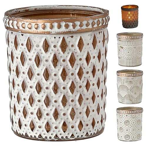 Windlicht 4er Set Oriental | Glas Ø6x7cm weiß Gold | Teelichthalter 4 verschiedenen Mustern für Teelichter oder Kerzen von Cepewa