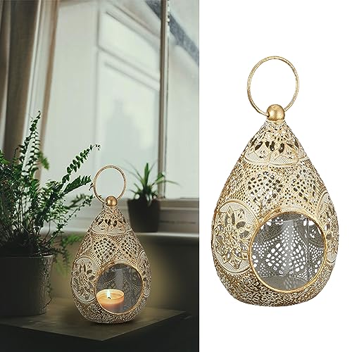 Windlicht Mandala-Design │ Glas Metall 13x19,5x12cm Gold weiß │ Glaseinsatz für Kerze Teelicht (1 x Windlicht Mandala 19,5cm) von Cepewa