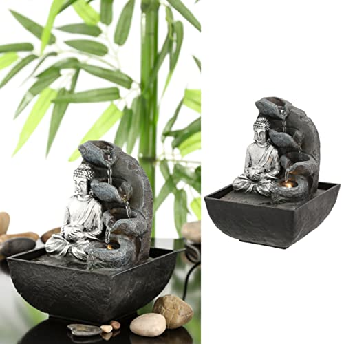 Zimmerbrunnen Buddhafigur mit Beleuchtung │13,3x17cm LED warmweiß Steinoptik │Feng Shui Design │Springbrunnen mit Pumpe (1 x LED Brunnen Design11) von Cepewa