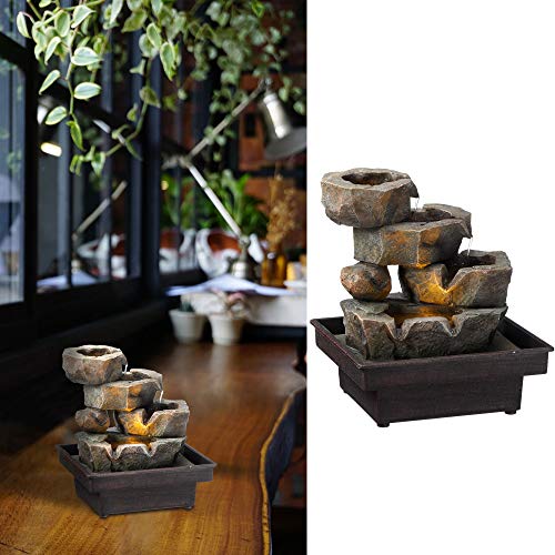 Zimmerbrunnen mit Beleuchtung │in Steinoptik Höhe 22 cm│Feng Shui Design │Springbrunnen mit Pumpe (1 x LED Brunnen Design6) von Cepewa