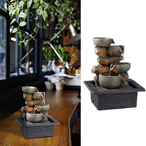 Zimmerbrunnen mit Beleuchtung │in Steinoptik Höhe 27,5 cm │Feng Shui Design │Springbrunnen mit Pumpe (1 x LED Brunnen Design7) von Cepewa