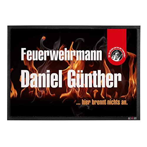 Cera & Toys® Feuerwehr-Geschenk Fußmatte mit Namen für Feuerwehrmann & Feuerwehrfrau 70 cm x 50 cm (B/H) von Cera & Toys