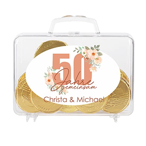 Cera & Toys® Bedruckter Geld Koffer/mit Schokomünzen gefüllt/zur silbernen oder goldenen Hochzeit mit Wunschnamen Gold von Cera & Toys