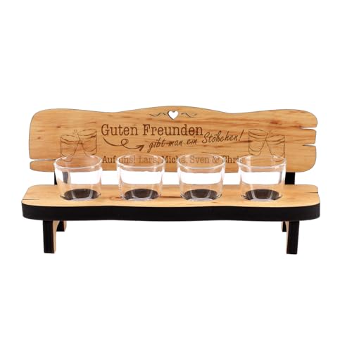 Cera & Toys® Holzbank mit 4 Schnapsgläsern und Namensgravur/Motivwahl (Freunde) von Cera & Toys