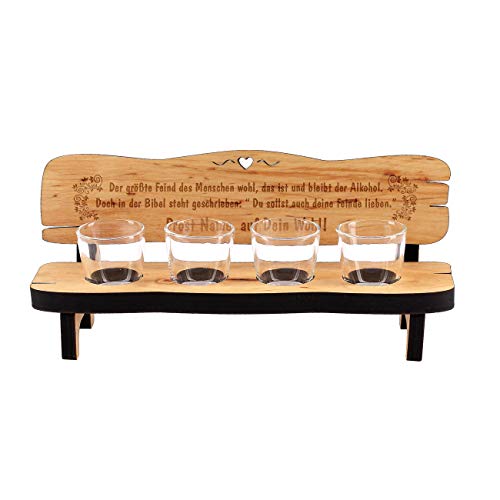 Cera & Toys® Holzbank mit 4 Schnapsgläsern und Namensgravur/Motivwahl Auf Dein Wohl von Cera & Toys