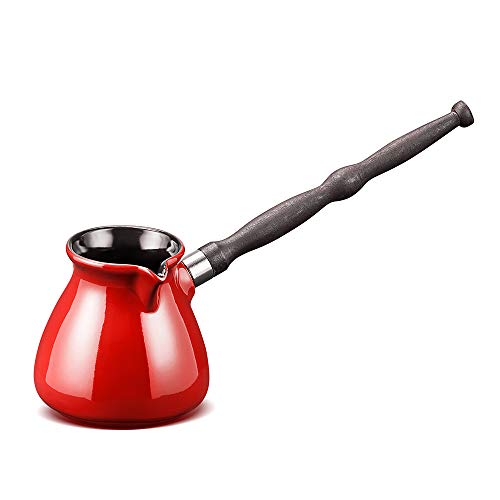 Türkische Kaffeekanne aus Keramik, 300 ml, Cezve Ibrik Briki Turka Inove, rote Farbe, mit abnehmbarem Holzgriff für Gasherde und Elektroherde von Ceraflame