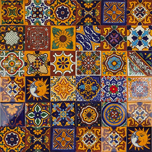 Cerames Mexikanische Keramische Fliesen Girasol - 30 dekorative mexikanische mosaik fliesen für Badezimmer, Küche, Dusche, Treppen, Küchenrückwand | Keramikmosaikfliesen 10,5x10,5 cm von Cerames