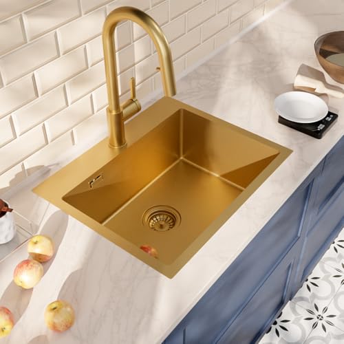 Ceramia Timeless Einbauspüle Küchenspüle 55x45 cm Edelstahl 304 | Mischbatterie mit ausziehbarer Brause | Gebürstetes Gold-Finish | Einfache Installation von Ceramia