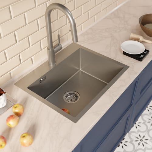 Ceramia Timeless Einbauspüle Küchenspüle 55x45 cm Edelstahl 304 | Mischbatterie mit ausziehbarer Brause | Gebürstetes Gun Metal-Finish | Einfache Installation von Ceramia